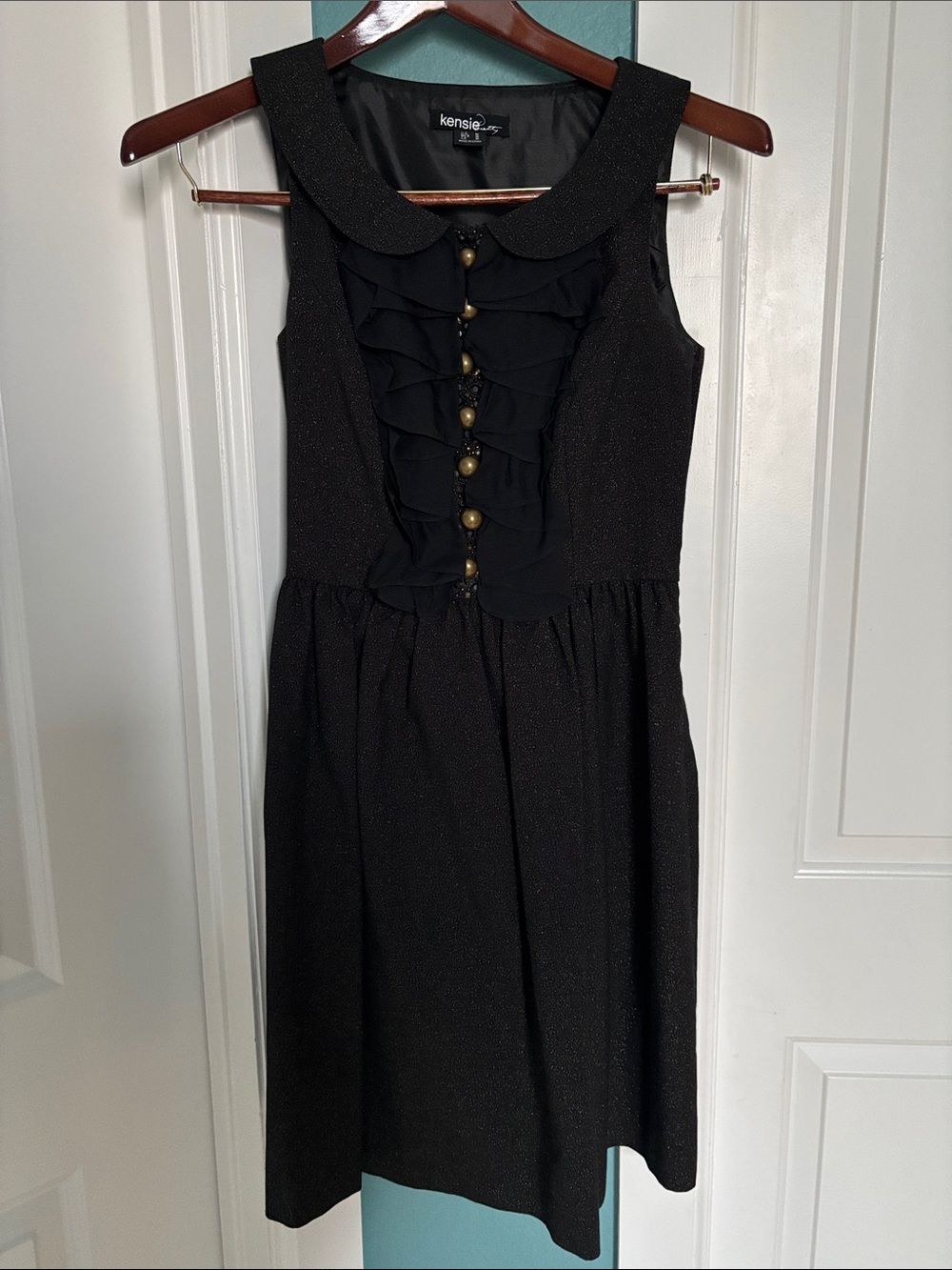 Kensie Black Sleeveless Ruffle-Front Dress with Gold Buttons